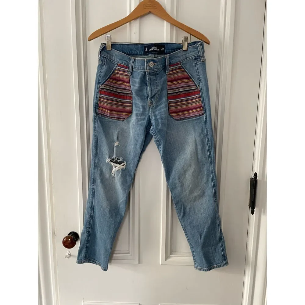 Hollister vintage boyfriend rainbow embrroidered distressed crop jeans 27